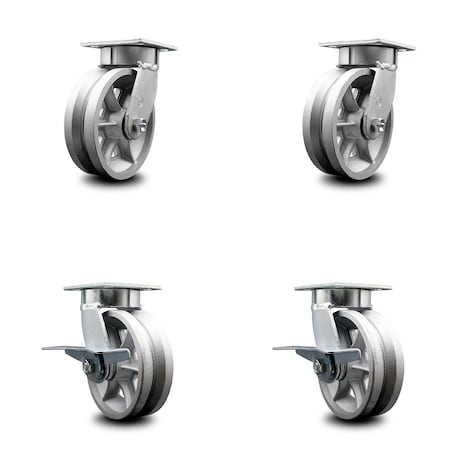 Service Caster 6 Inch Kingpinless V Groove Semi Steel Wheel Swivel Caster Set with 2 Brakes SCC SCC-KP30S620-VGR-2-SLB-2